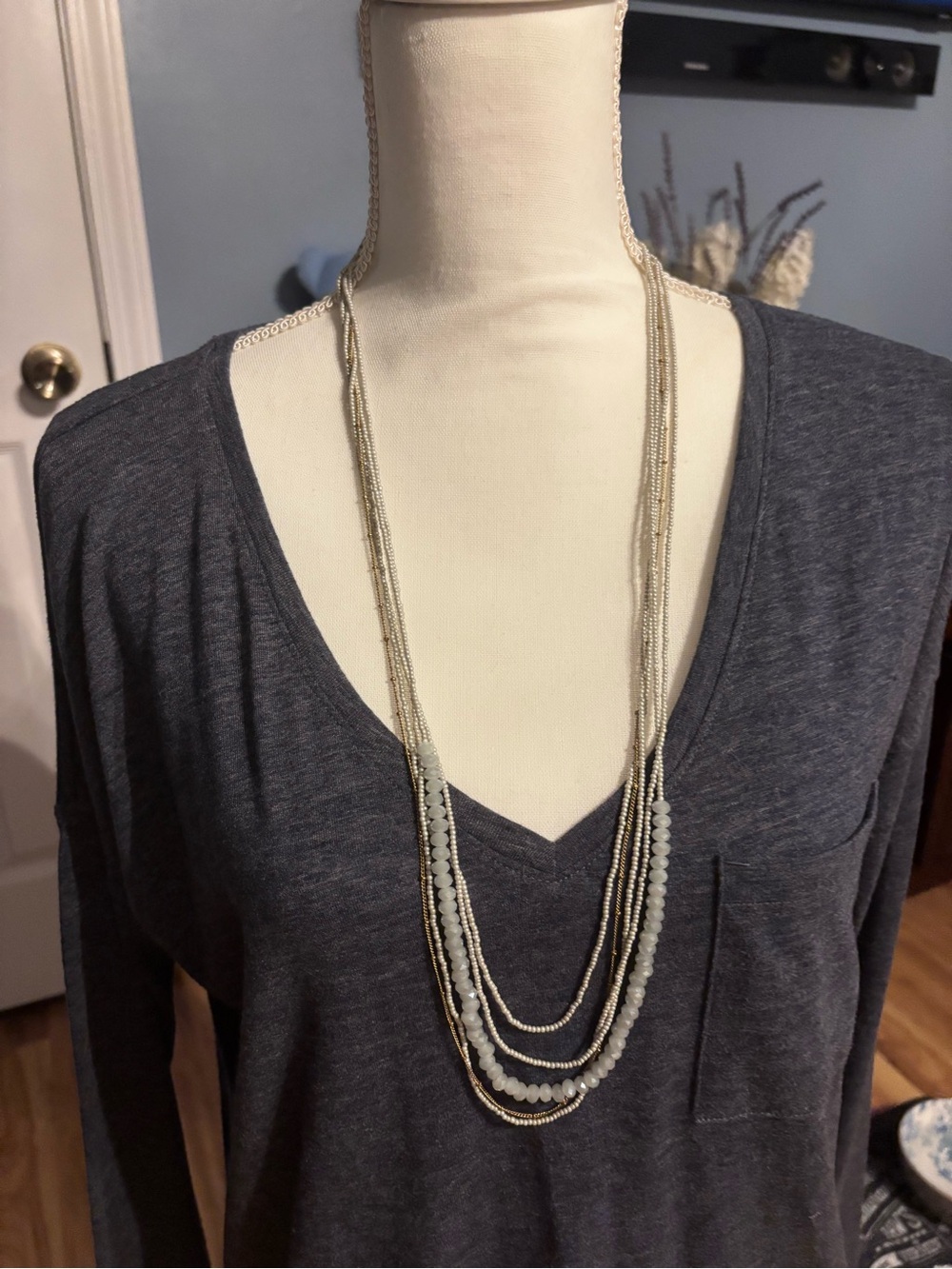Layered Beaded Multi-Strand Necklace in Light Blue/Gray